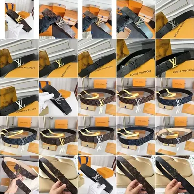 A grid of leather belts with logo buckles, each photographed on or beside its orange branded box