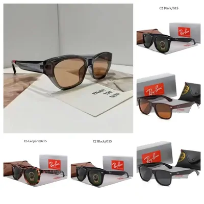 Tortoiseshell sunglasses with brown lenses beside a printed card, above three more pairs shown with their boxes