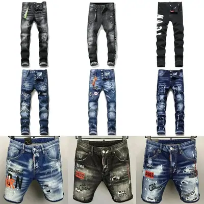 Nine pairs of distressed denim in blue, grey and black, including two pairs of shorts, in three rows