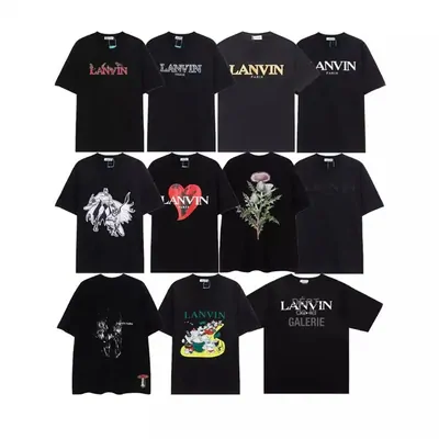 Eleven black t-shirts with white Lanvin lettering and small printed graphics, in three rows