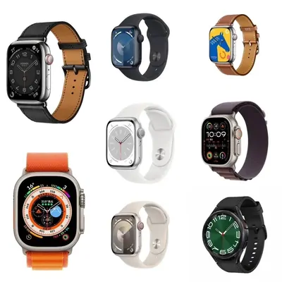 Nine smartwatches with leather, metal and fabric straps, arranged in three rows on white
