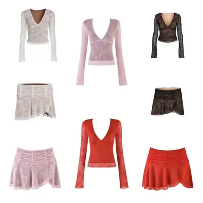 A grid of sheer long-sleeve tops and short pleated skirts in cream, pink, red, brown and black