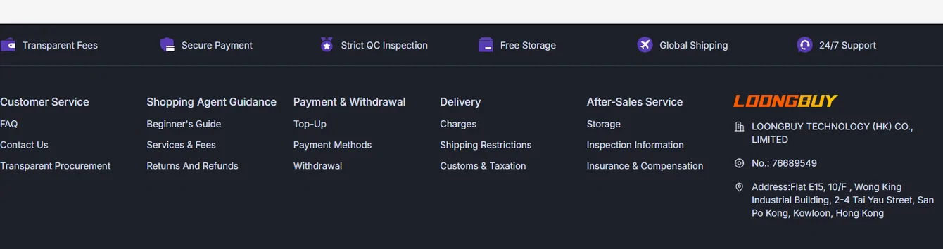 The dark trust strip and footer of the LoongBuy site: six claims including Strict QC Inspection, above five footer columns, with the After-Sales Service column listing Storage, Inspection Information and Insurance and Compensation