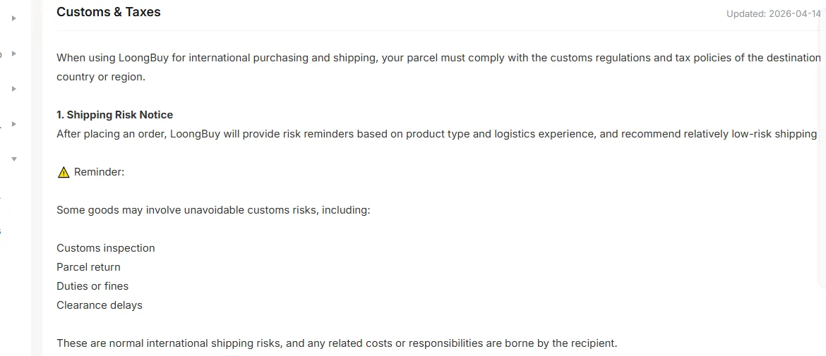 Section 1 of the LoongBuy Customs and Taxes page, Shipping Risk Notice, listing customs inspection, parcel return, duties or fines and clearance delays as unavoidable risks, and stating that any related costs or responsibilities are borne by the recipient