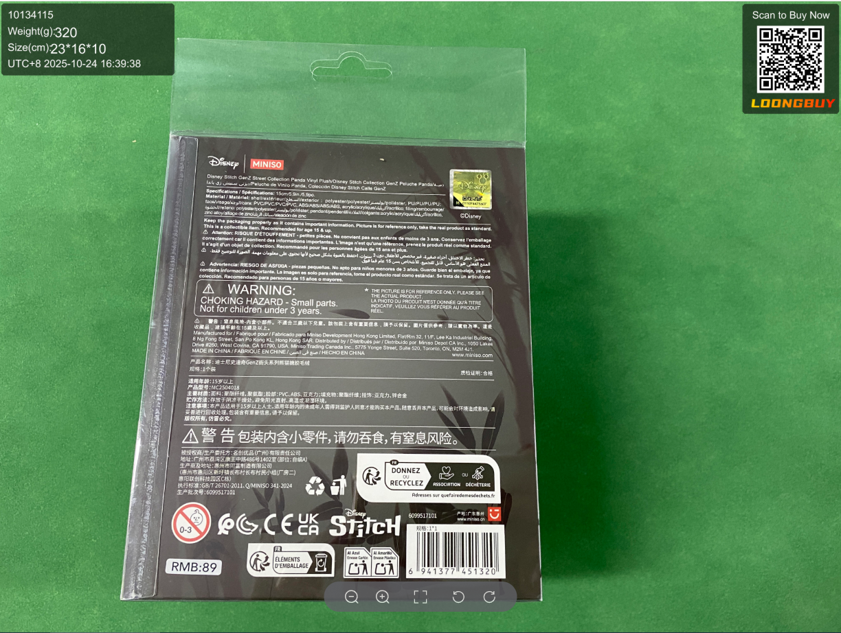 Official LoongBuy QC photo showing the rear product label on boxed toy packaging